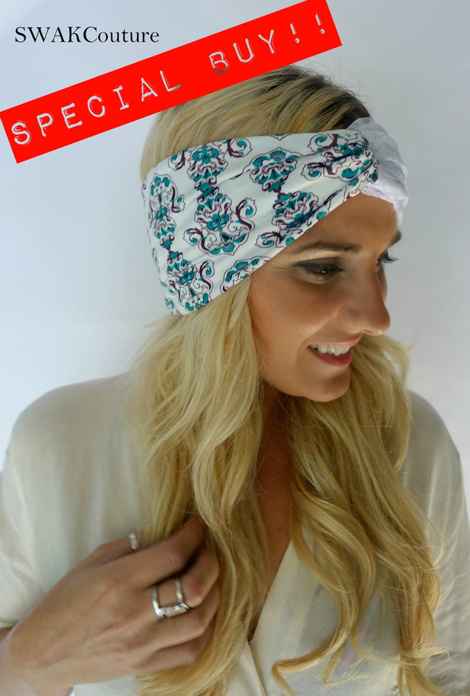 Boho Lace Turban Headband - Teal Paisley (3 Color options)