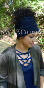 Messy Bun Afro Puff Beanie - Navy Blue Tweed (11 color choices)