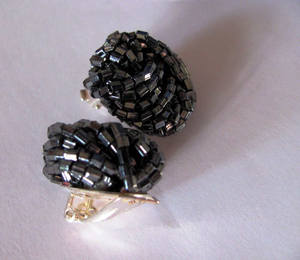 vintage cocktail earrings clip on earrings black tie earrings glass bead studs 