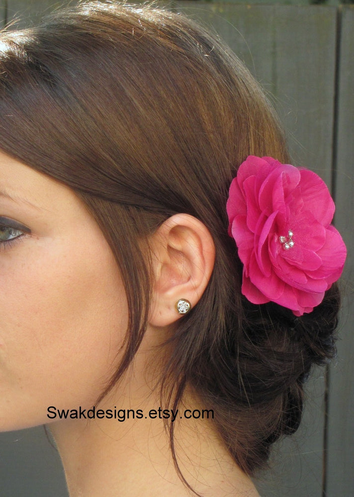 Silk Peony Rhinestone Bridal Comb Bridal Flower Silver Comb Wedding Hair Accessories - Fuschia Pink or Choose Your Color
