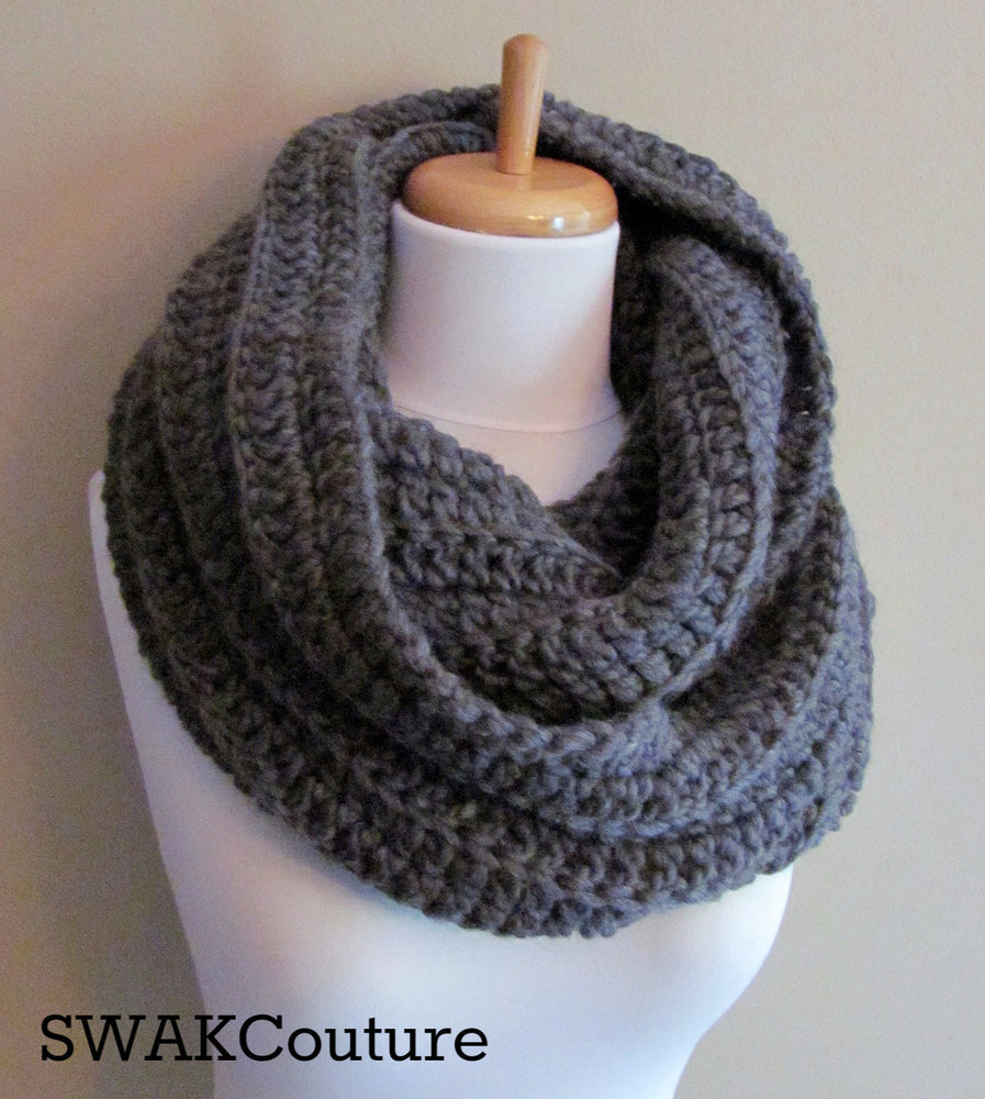 Ribbed Eternity Scarf 100% Wool Scarf - Charcoal Gray or Choose Your Color