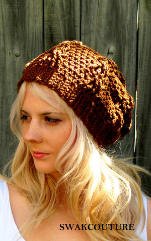 Slouchy Beanie Womens Hat Hand Knit Cable Cotton Textured Seasonal Beanie, Coffee Brown or CHOOSE Your color, 100% Cotton