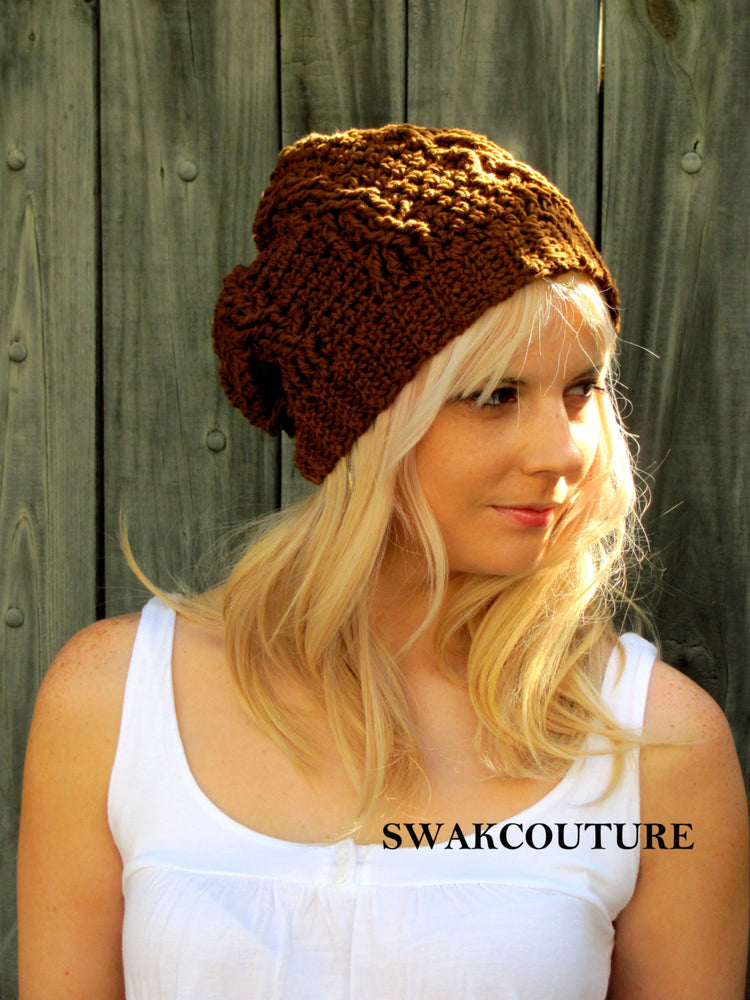 Slouchy Beanie Womens Hat Hand Knit Cable Cotton Textured Seasonal Beanie, Coffee Brown or CHOOSE Your color, 100% Cotton
