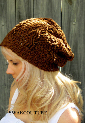 Slouchy Beanie Womens Hat Hand Knit Cable Cotton Textured Seasonal Beanie, Coffee Brown or CHOOSE Your color, 100% Cotton