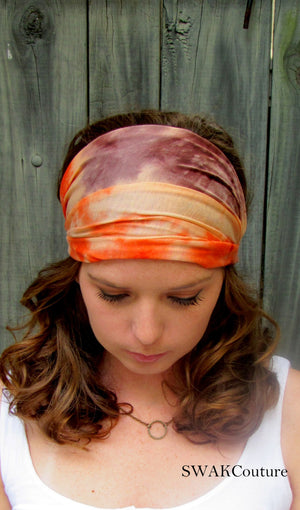 Wide Yoga Headband  Orange & Brown Tie Dye Cotton Jersey Headband Turband Turban Headband Running Women's Workout Headband or Choose Color