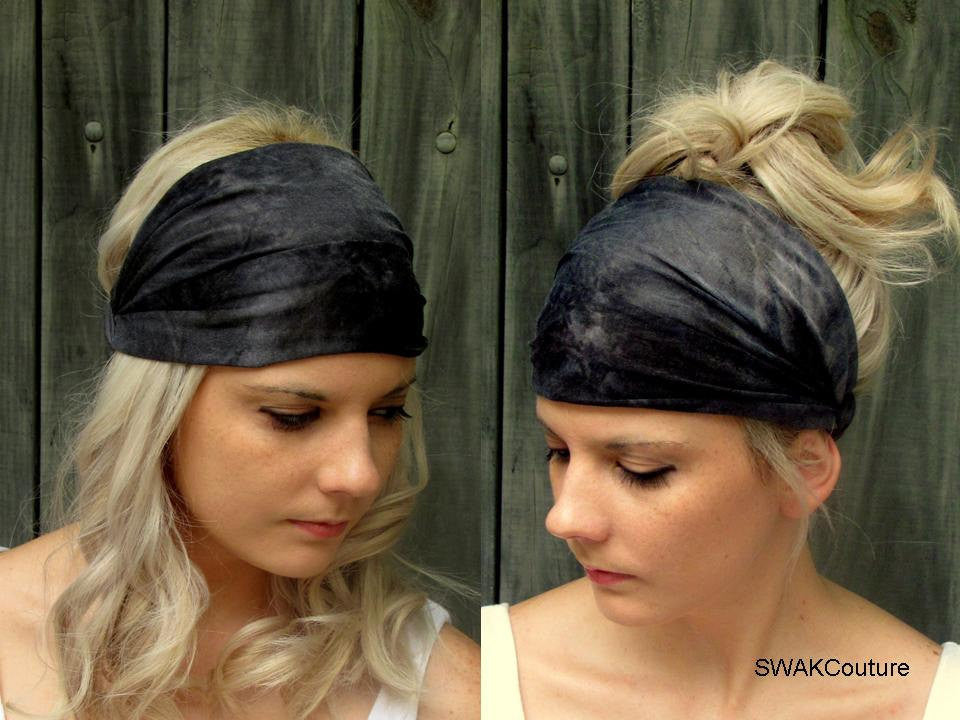 Wide Yoga Headband Black Gray Tie Dye Running Headband Cotton Jersey HeadBand Wide Head Wrap Workout HeadBand Chemo Band