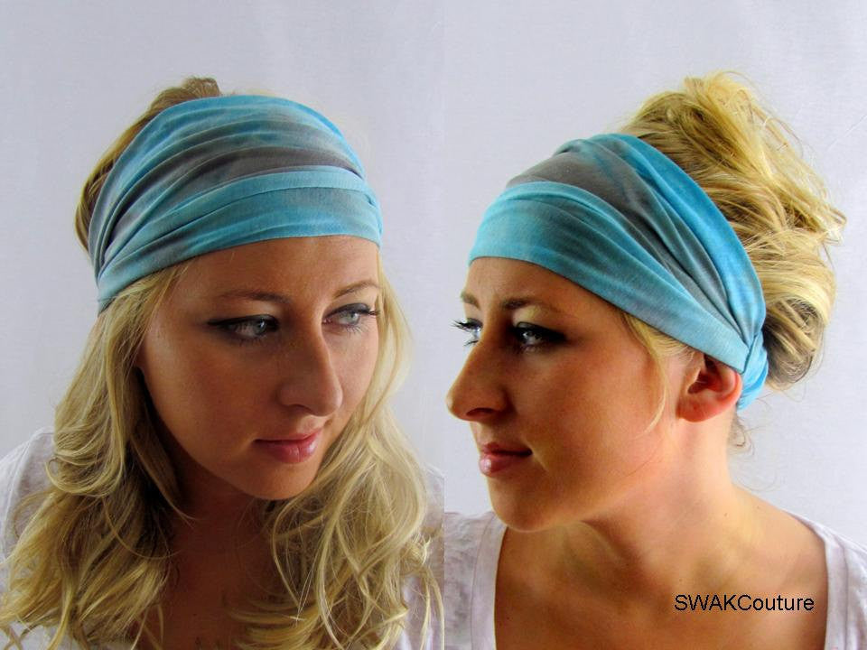 Tie Dye Wide Yoga Headband Cotton Jersey HeadBand Workout HeadBand Chemo Band Choose Your Color, Blue Gray Brown Pink Yellow Black Gray