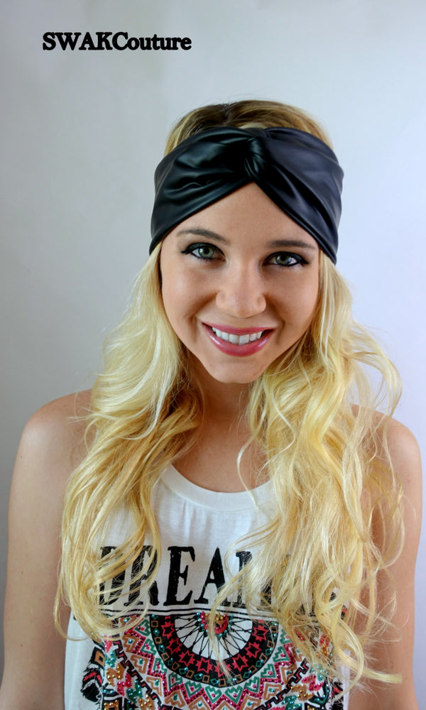 Vegan Leather Turban Headband Black Headband Wide Head wraps Womens Headband Twist Headband Bohomemian Hair Accessories