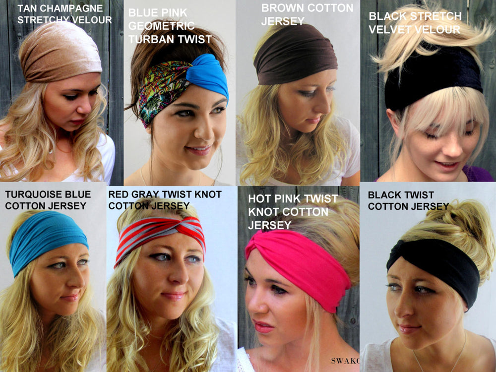 Wide Stretchy Yoga Headband, Choose ANY FOUR - Head Wrap Workout HeadBand Cotton Jersey Headband Hair Wrap Wide Headbands Turband- 40 Colors