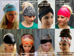 Wide Stretchy Yoga Headband, Choose ANY FOUR - Head Wrap Workout HeadBand Cotton Jersey Headband Hair Wrap Wide Headbands Turband- 40 Colors