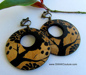 wood hoop earrings clip on bohemian earrings Ethnic earrings tree of life earrings