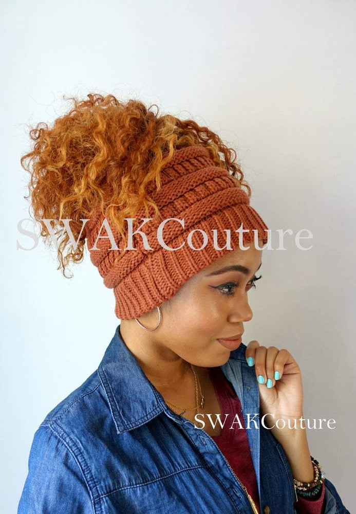 afro puff beanie messy bun beanie satin lined caps for natural curly hair