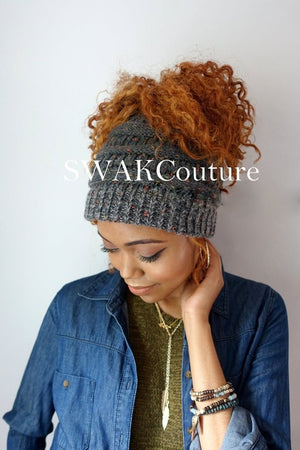 Messy Bun Afro Puff Beanie - Charcoal Gray Tweed (11 color choices)