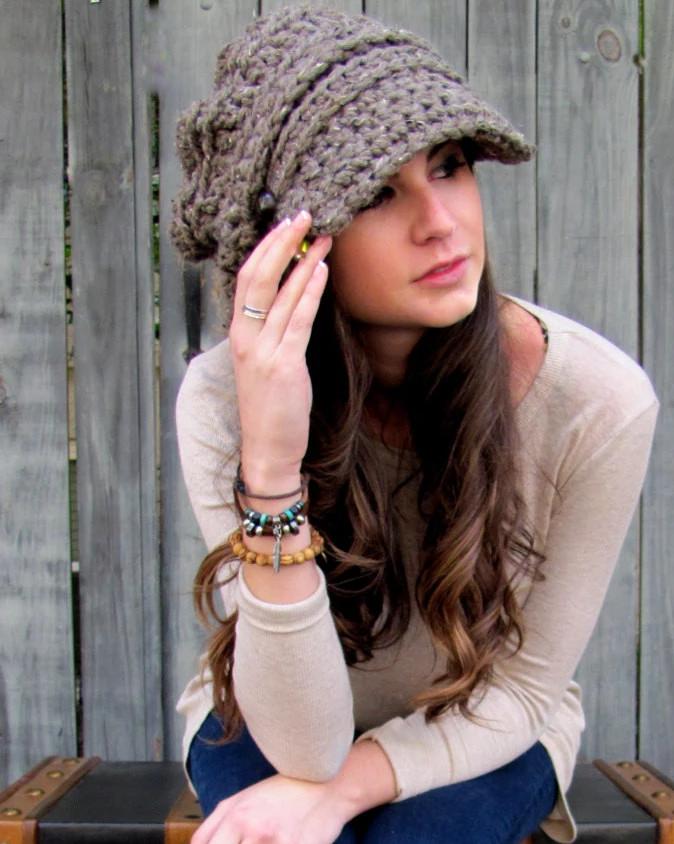 Slouchy Hat Handmade hat Beanie Crochet Hat Knit Cap Leather Hat 